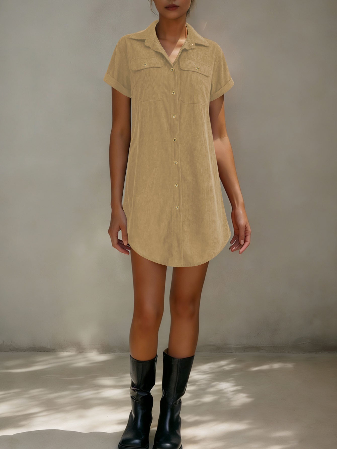 Retro Casual Corduroy Shirt Dress Loose Short - Sleeve Dress - LADYLINE X