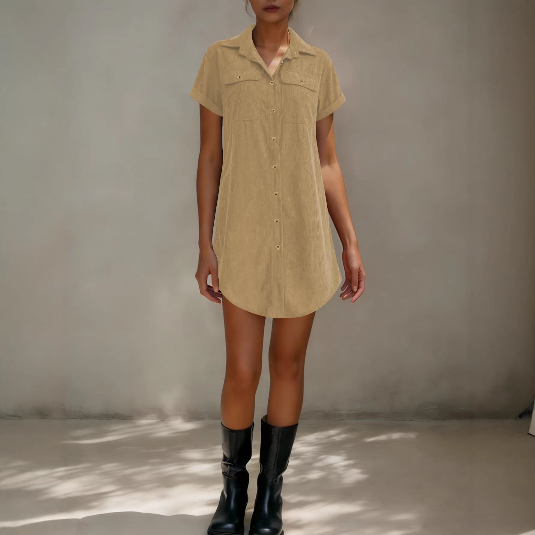 Retro Casual Corduroy Shirt Dress Loose Short - Sleeve Dress - LADYLINE X