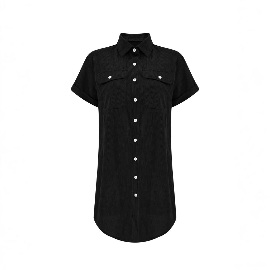 Retro Casual Corduroy Shirt Dress Loose Short - Sleeve Dress - LADYLINE X