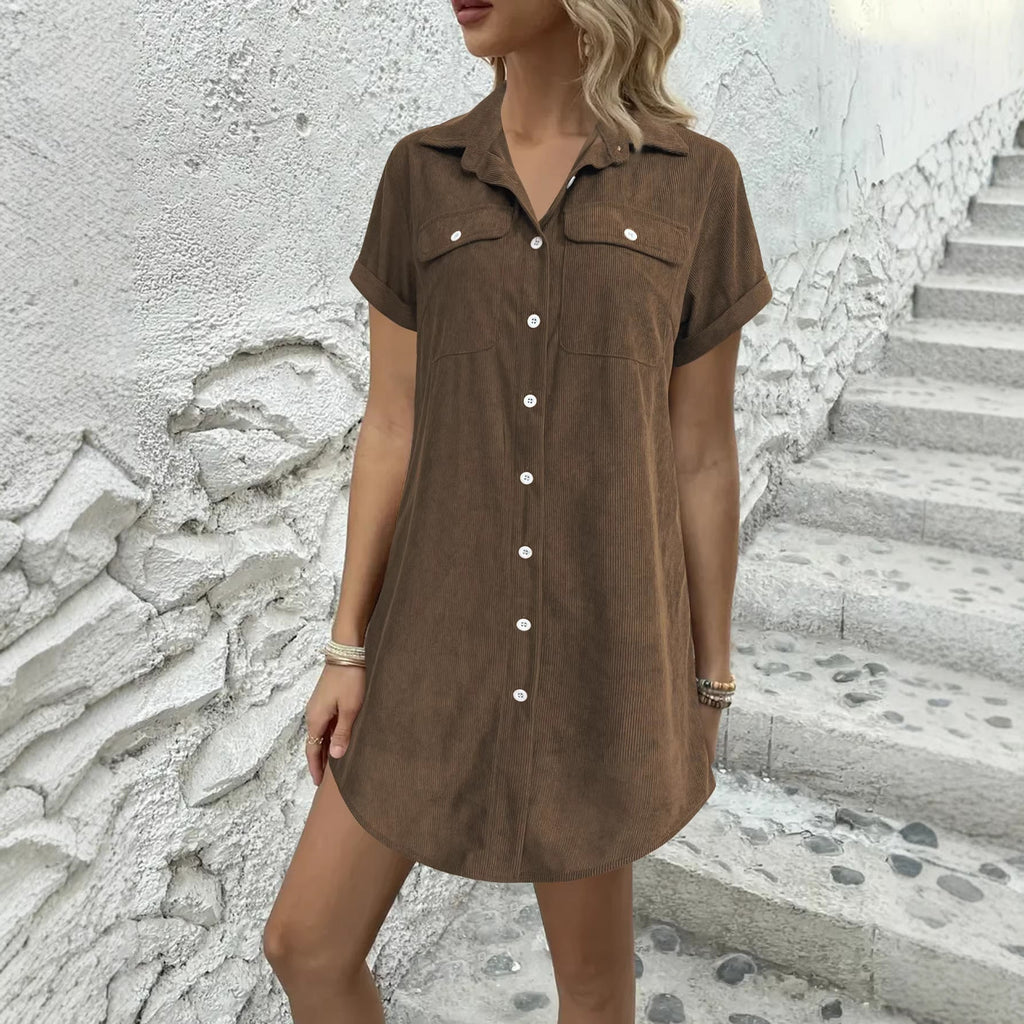 Retro Casual Corduroy Shirt Dress Loose Short - Sleeve Dress - LADYLINE X