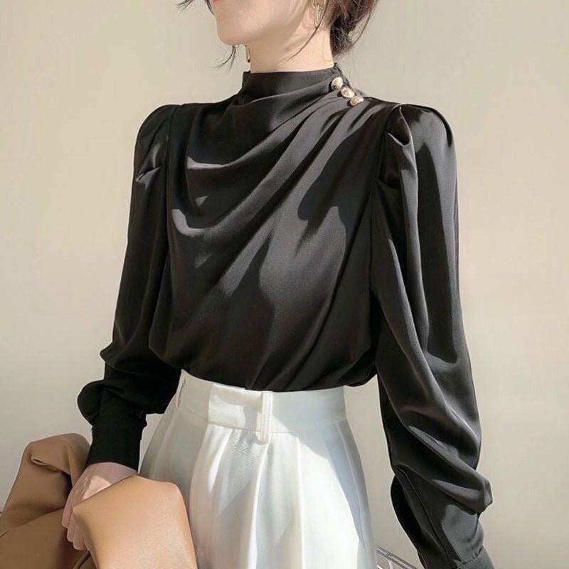Retro Hong Kong - Style Shirt With A Designer Touch Satin Acetate Professional Top For Autumn - LADYLINE X