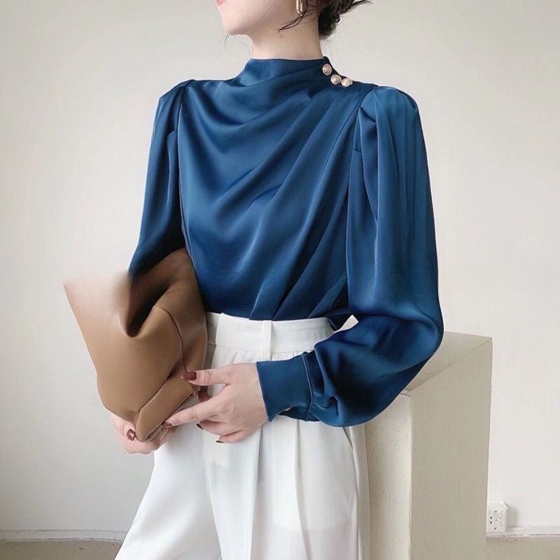 Retro Hong Kong - Style Shirt With A Designer Touch Satin Acetate Professional Top For Autumn - LADYLINE X