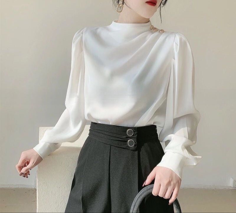 Retro Hong Kong - Style Shirt With A Designer Touch Satin Acetate Professional Top For Autumn - LADYLINE X