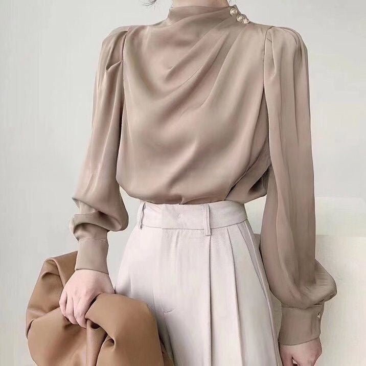 Retro Hong Kong - Style Shirt With A Designer Touch Satin Acetate Professional Top For Autumn - LADYLINE X