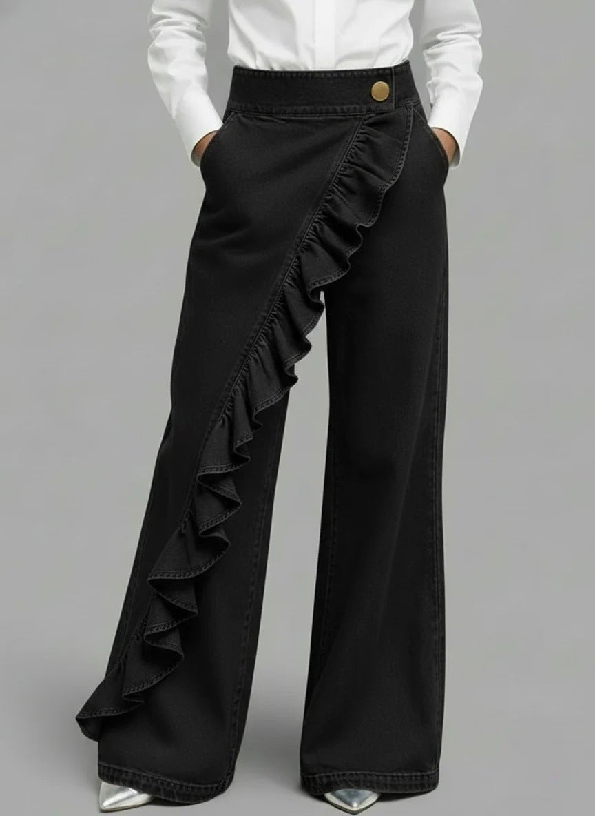 Retro Irregular High - Waist A - Line Denim Trousers - LADYLINE X