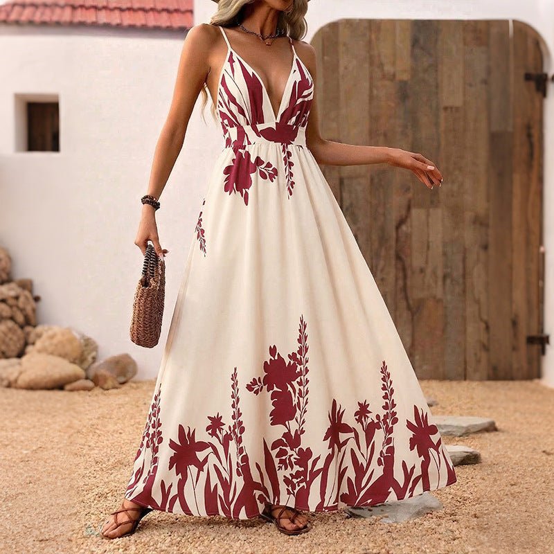 Retro Resort - Style Floral Print Strap Backless Maxi Dress - LADYLINE X