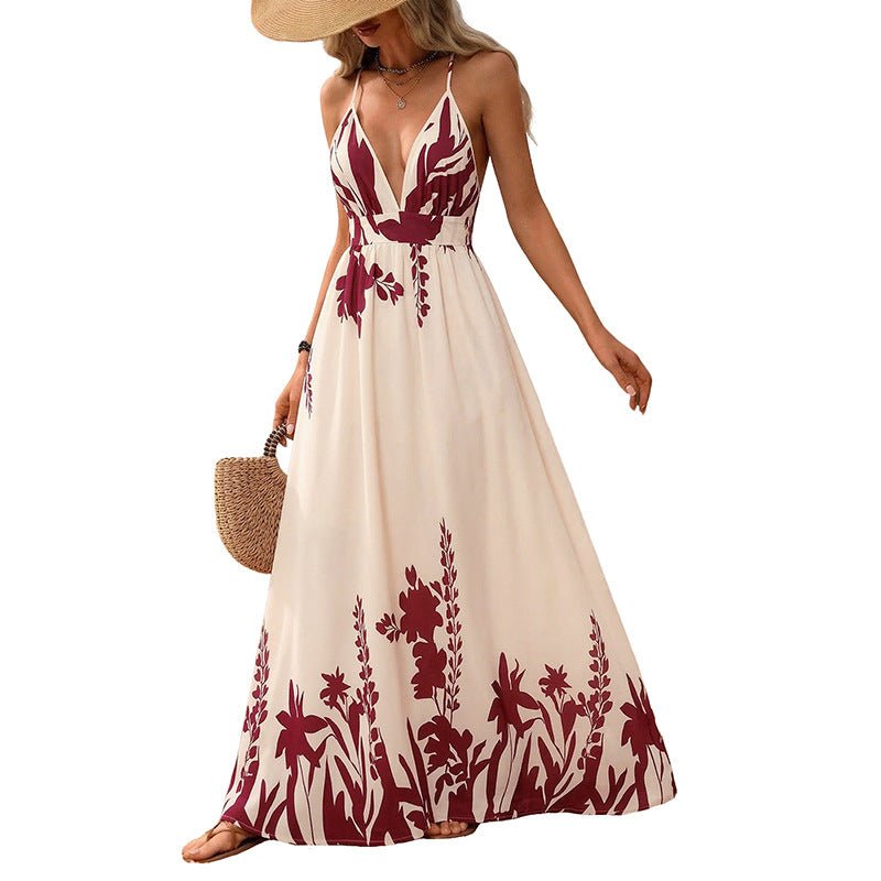 Retro Resort - Style Floral Print Strap Backless Maxi Dress - LADYLINE X