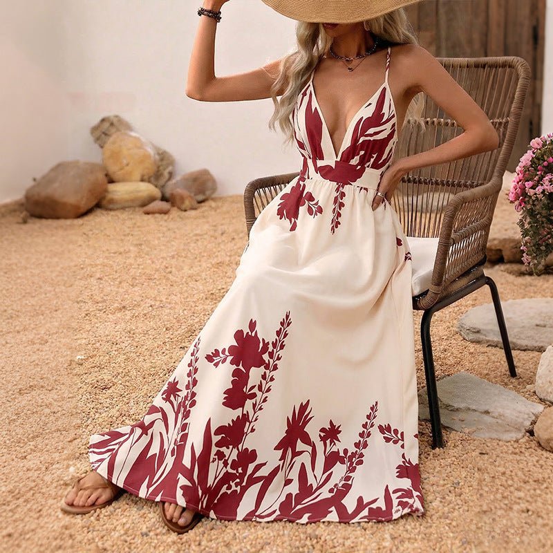 Retro Resort - Style Floral Print Strap Backless Maxi Dress - LADYLINE X