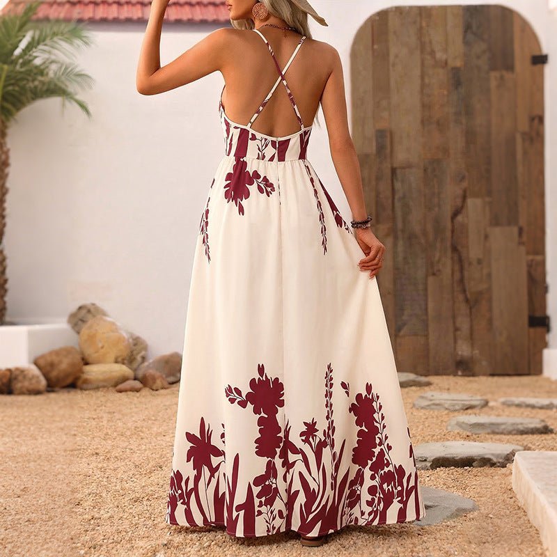 Retro Resort - Style Floral Print Strap Backless Maxi Dress - LADYLINE X