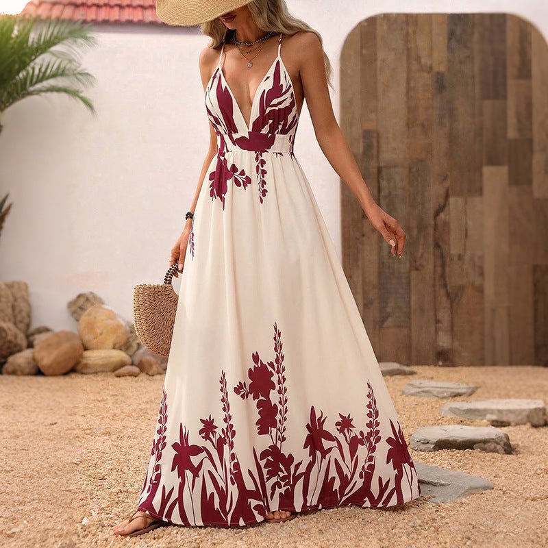 Retro Resort - Style Floral Print Strap Backless Maxi Dress - LADYLINE X