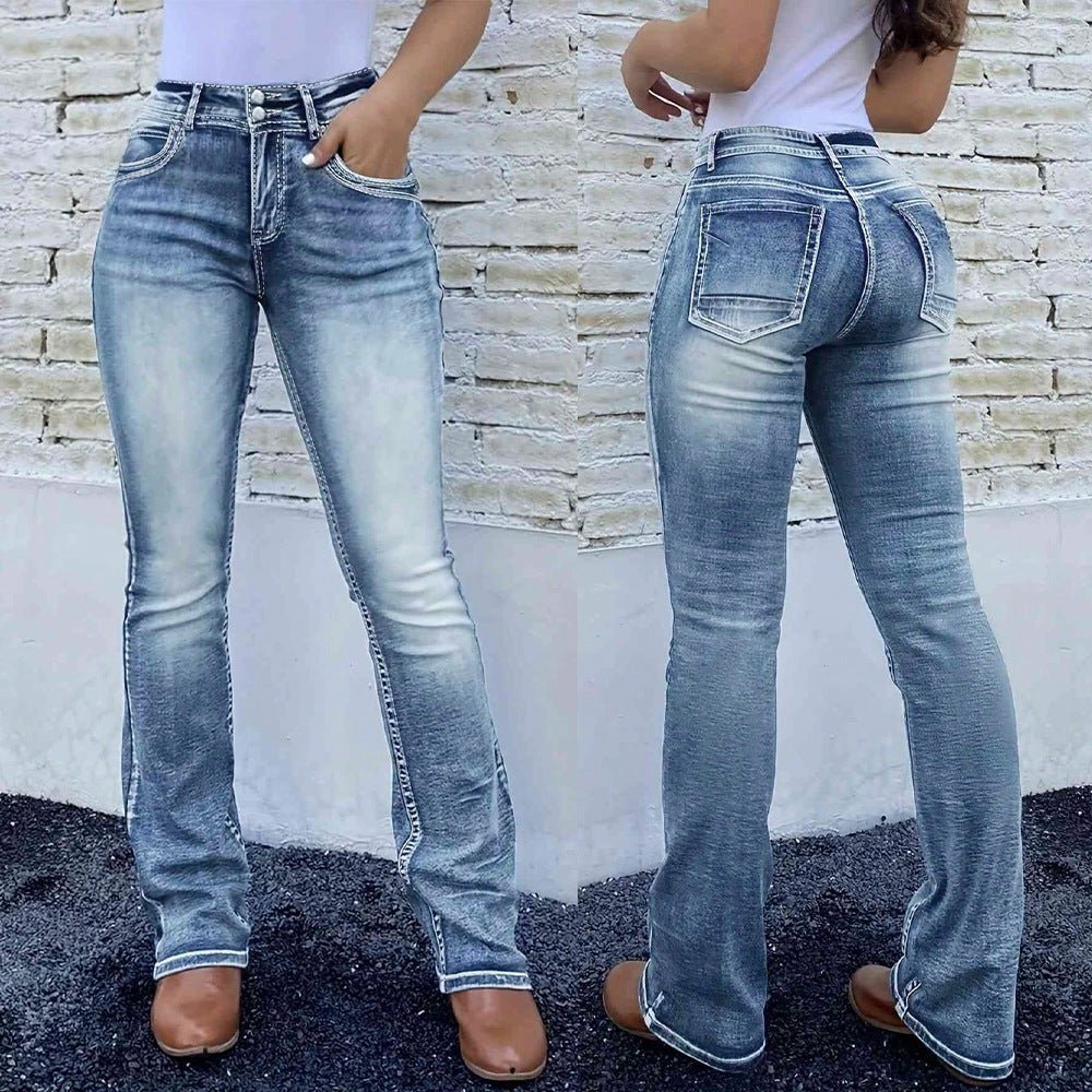 Retro Stretch Pocket Embroidery Patchwork Washed Denim Jeans - LADYLINE X