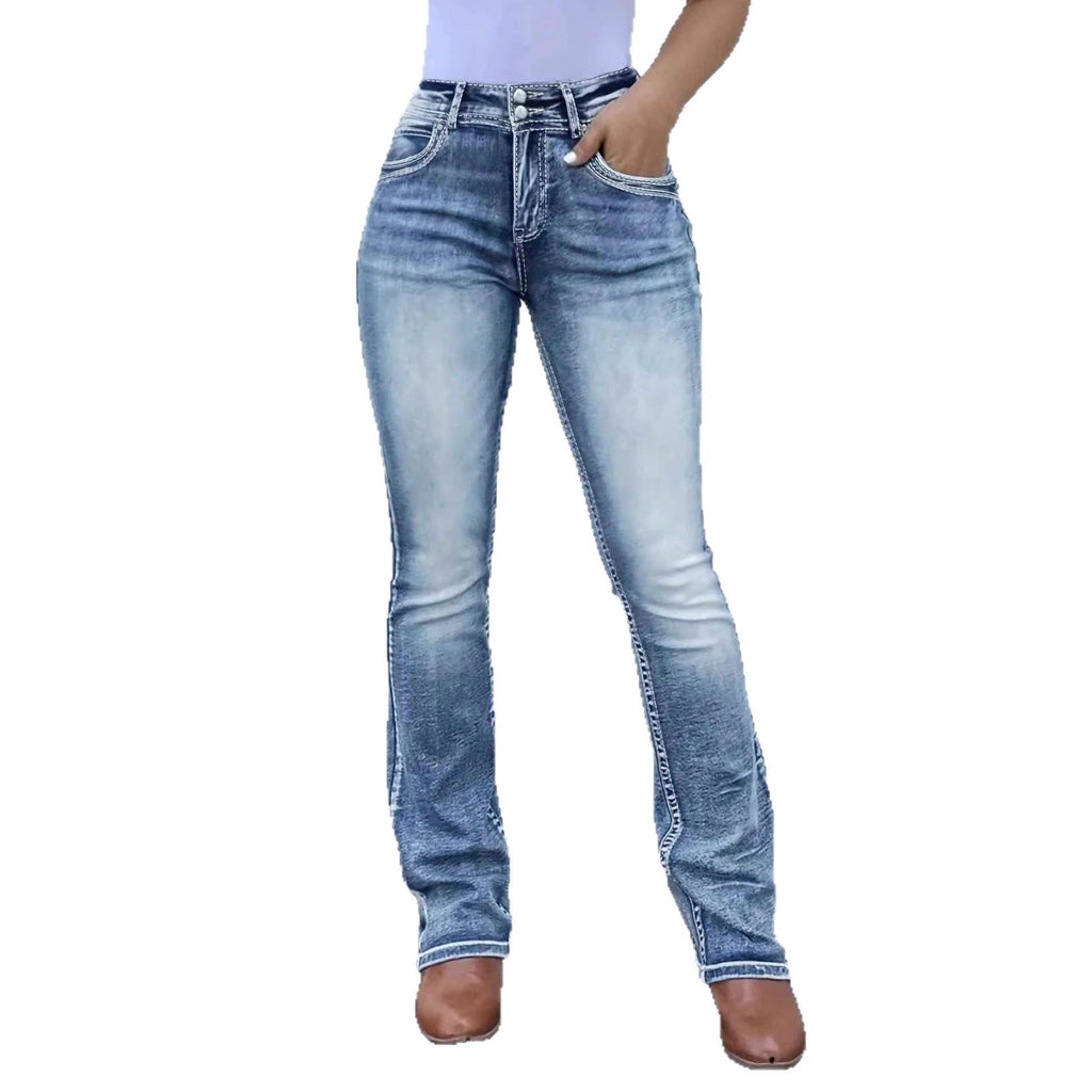 Retro Stretch Pocket Embroidery Patchwork Washed Denim Jeans - LADYLINE X