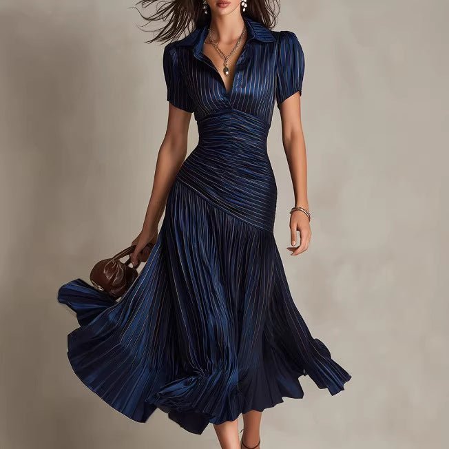 Retro Striped Satin Pleated Bodycon Dress - LADYLINE X