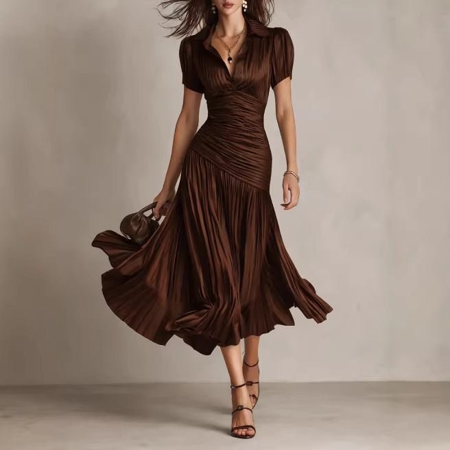Retro Striped Satin Pleated Bodycon Dress - LADYLINE X