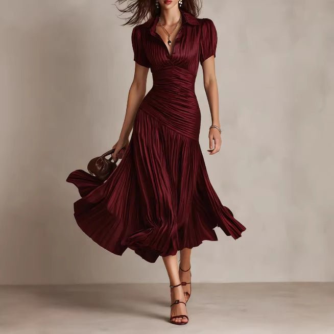 Retro Striped Satin Pleated Bodycon Dress - LADYLINE X