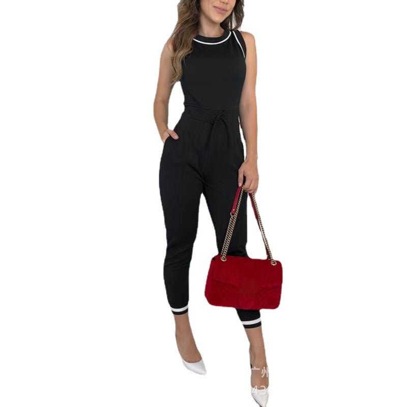 Round Neck Sleeveless Vest Contrast Color Jumpsuit - LADYLINE X