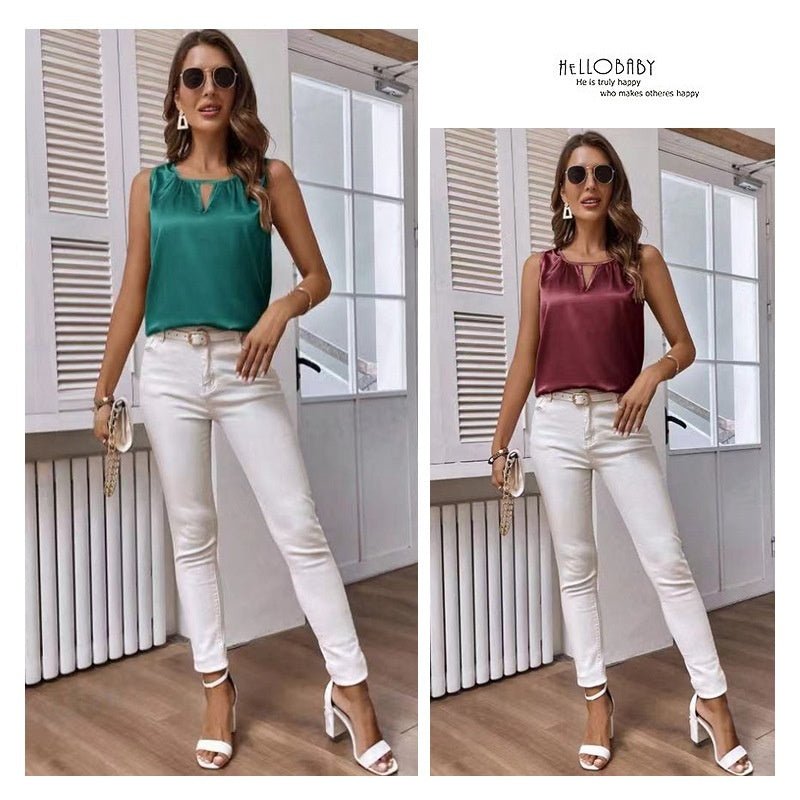 Ruched Satin Sleeveless Top With Cutout Details - LADYLINE X