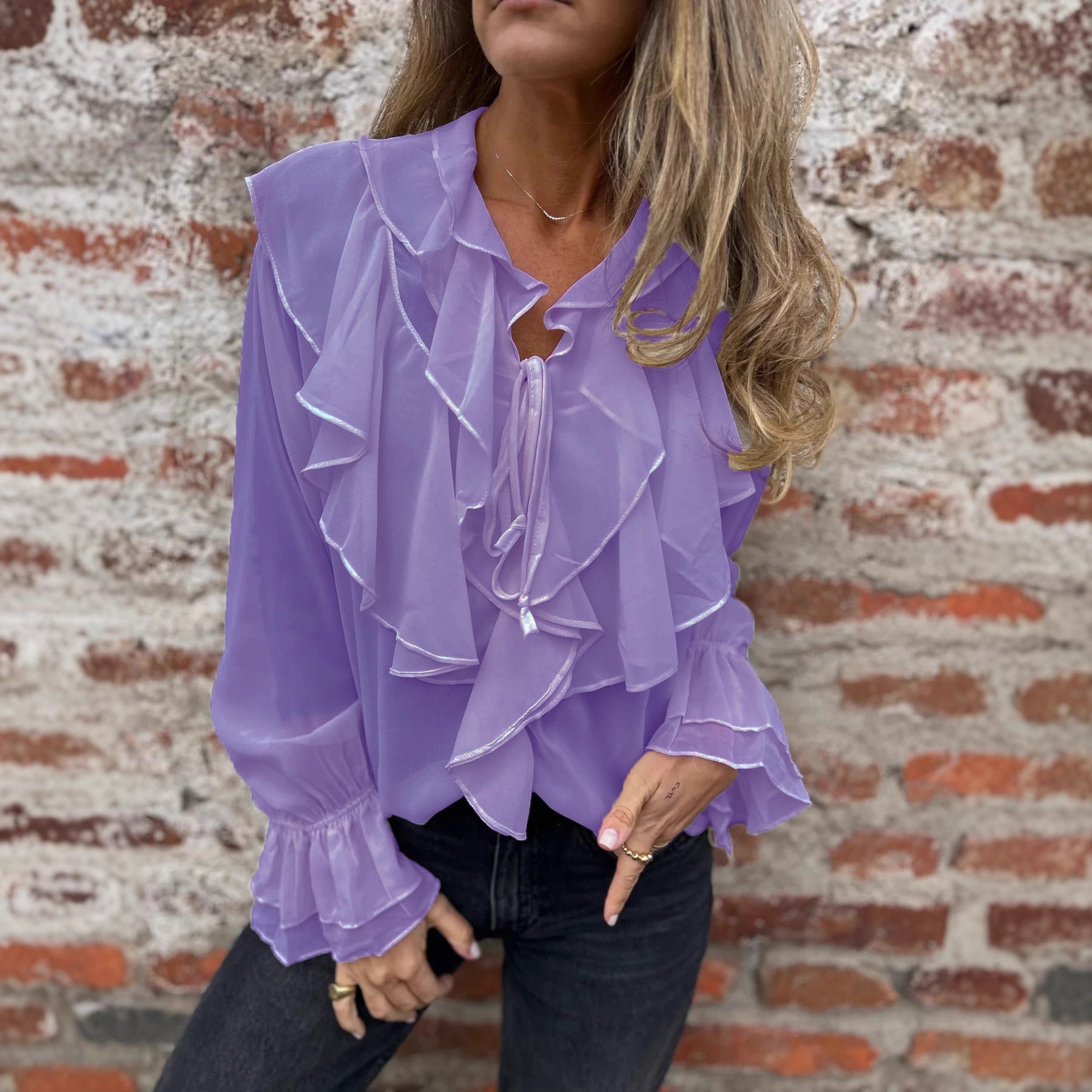 Ruffled Flared - sleeve Chiffon Blouse Top - LADYLINE X