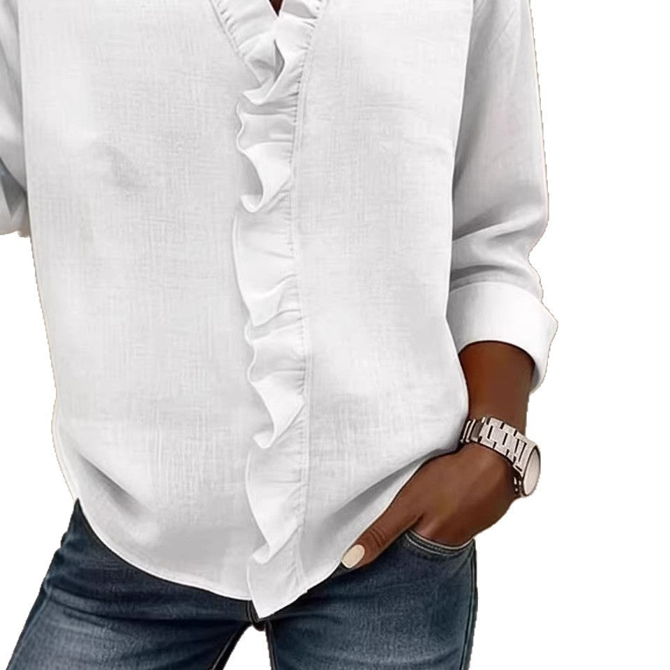 Ruffled Long Sleeve Cotton Shirt - LADYLINE X