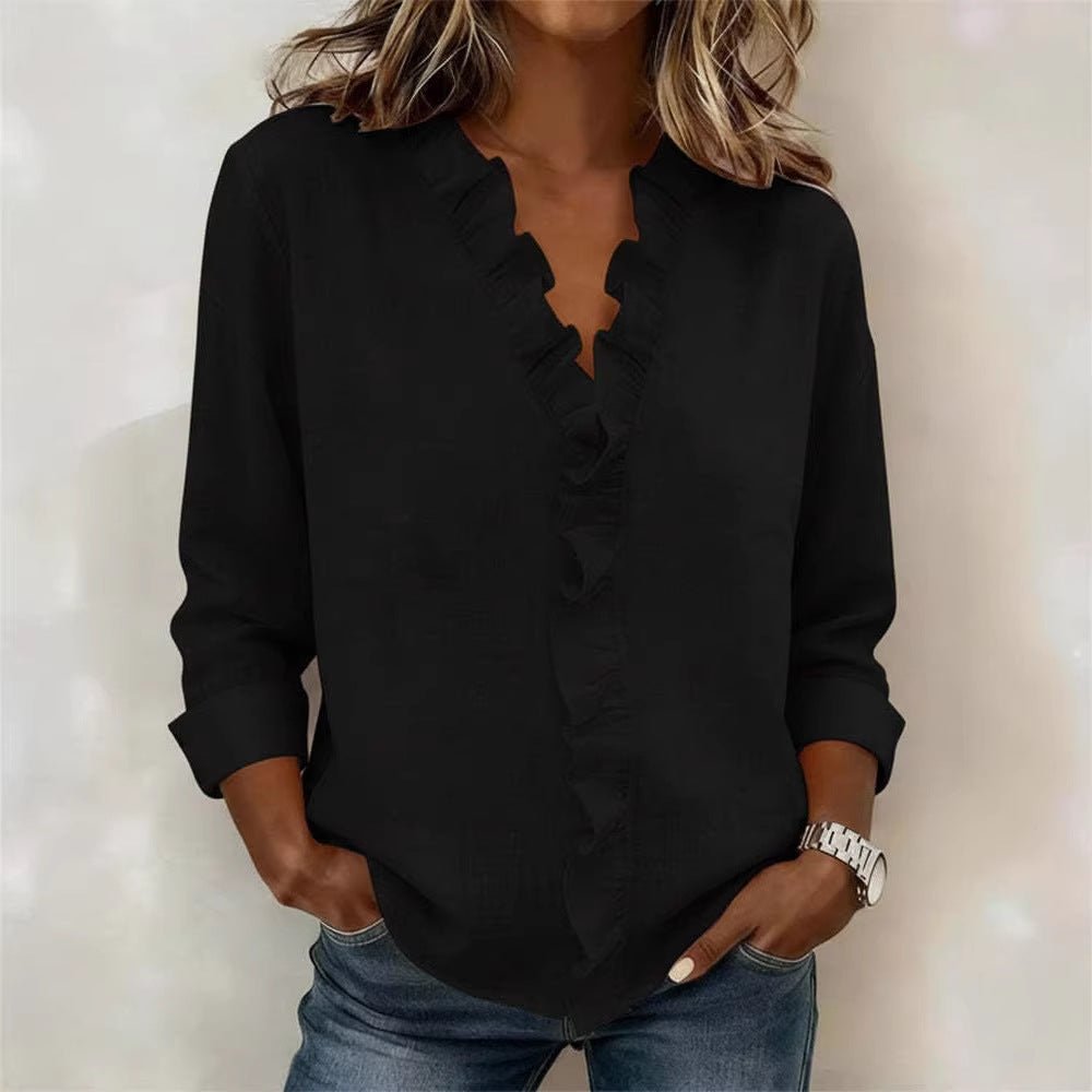 Ruffled Long Sleeve Cotton Shirt - LADYLINE X