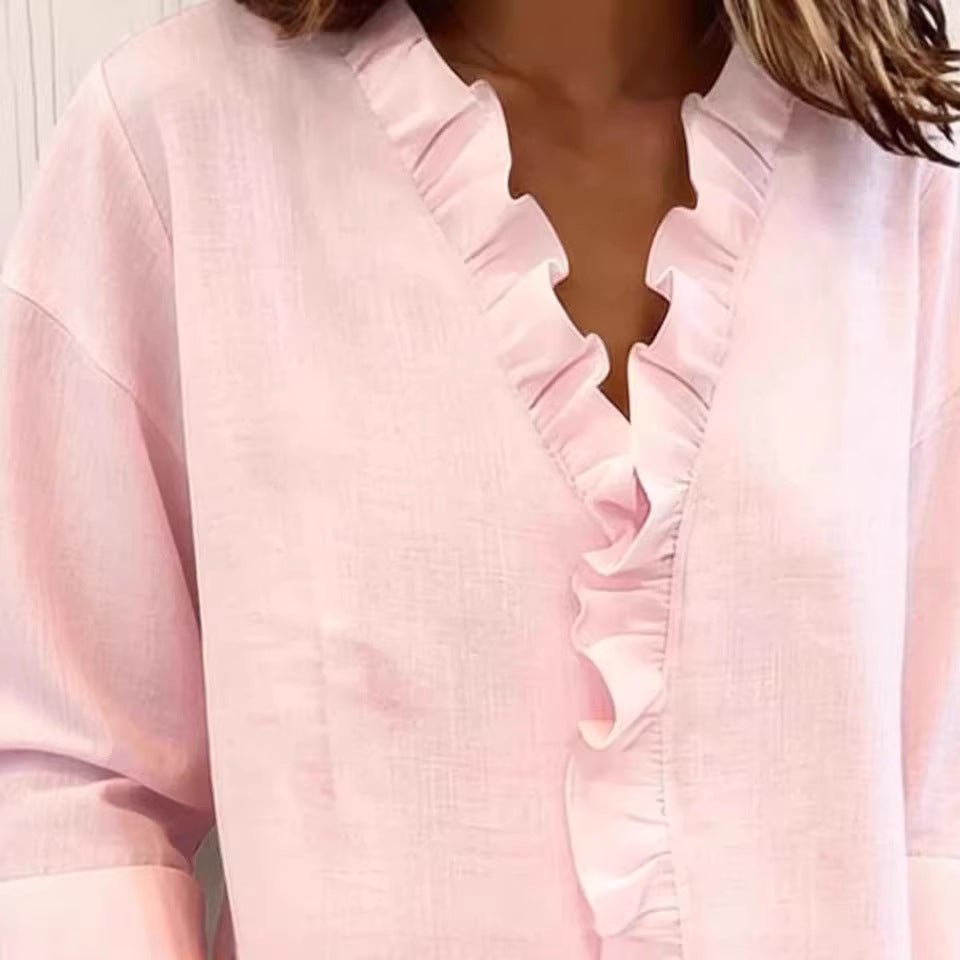 Ruffled Long Sleeve Cotton Shirt - LADYLINE X