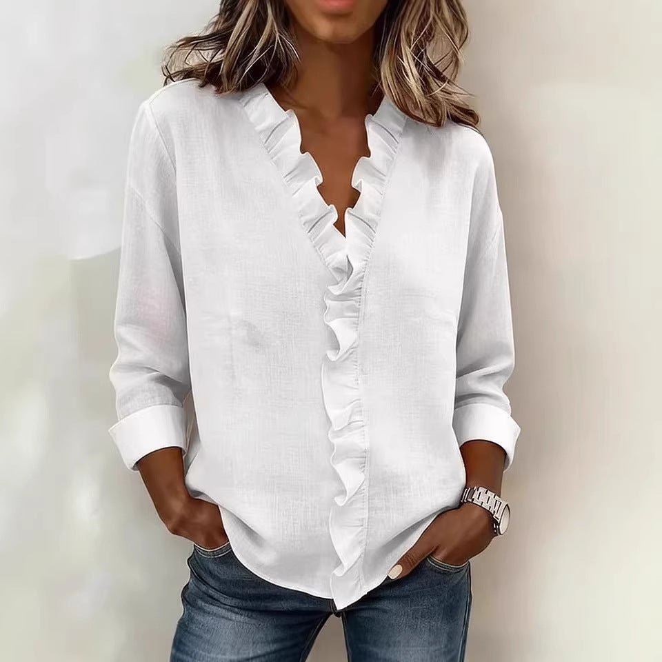 Ruffled Long Sleeve Cotton Shirt - LADYLINE X