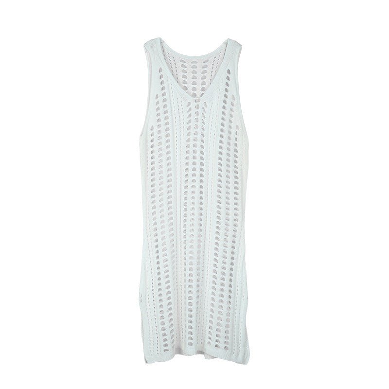 Sexy Hollow Out Beach Dress Women V Neck Sleeveless Crochet Swimsuit Cover Up Vestidos Female Bathing Suit - LADYLINE X