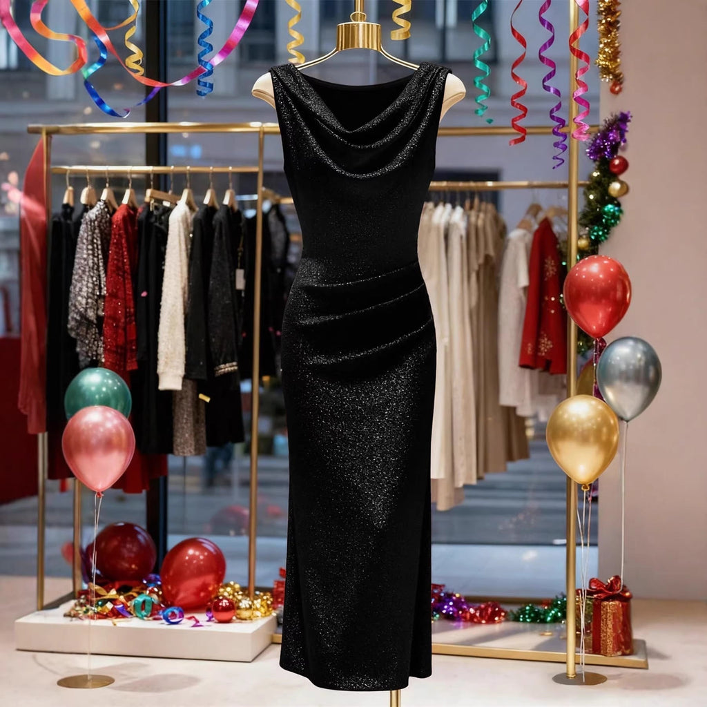 Shiny Silk Ruffled - neck Dress Thats Form - fitting And Hugs The Hips - LADYLINE X