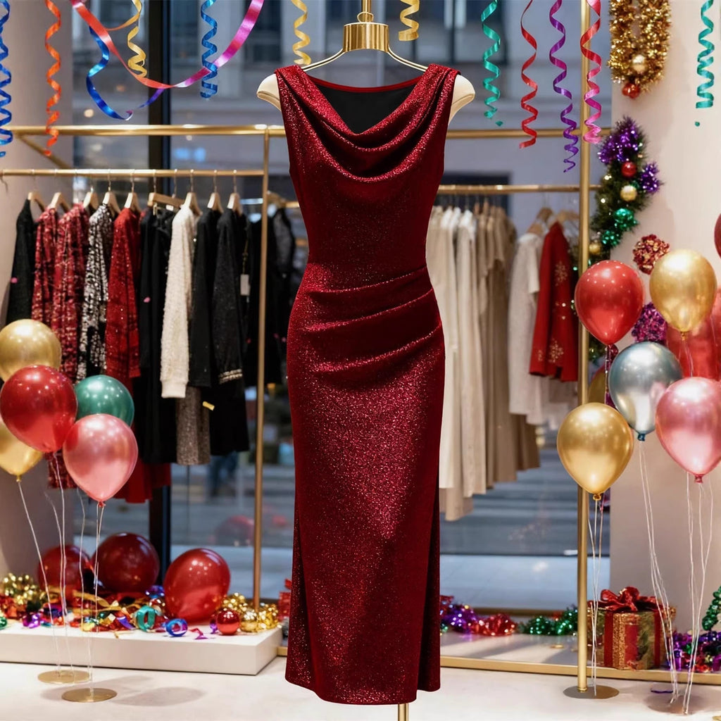 Shiny Silk Ruffled - neck Dress Thats Form - fitting And Hugs The Hips - LADYLINE X