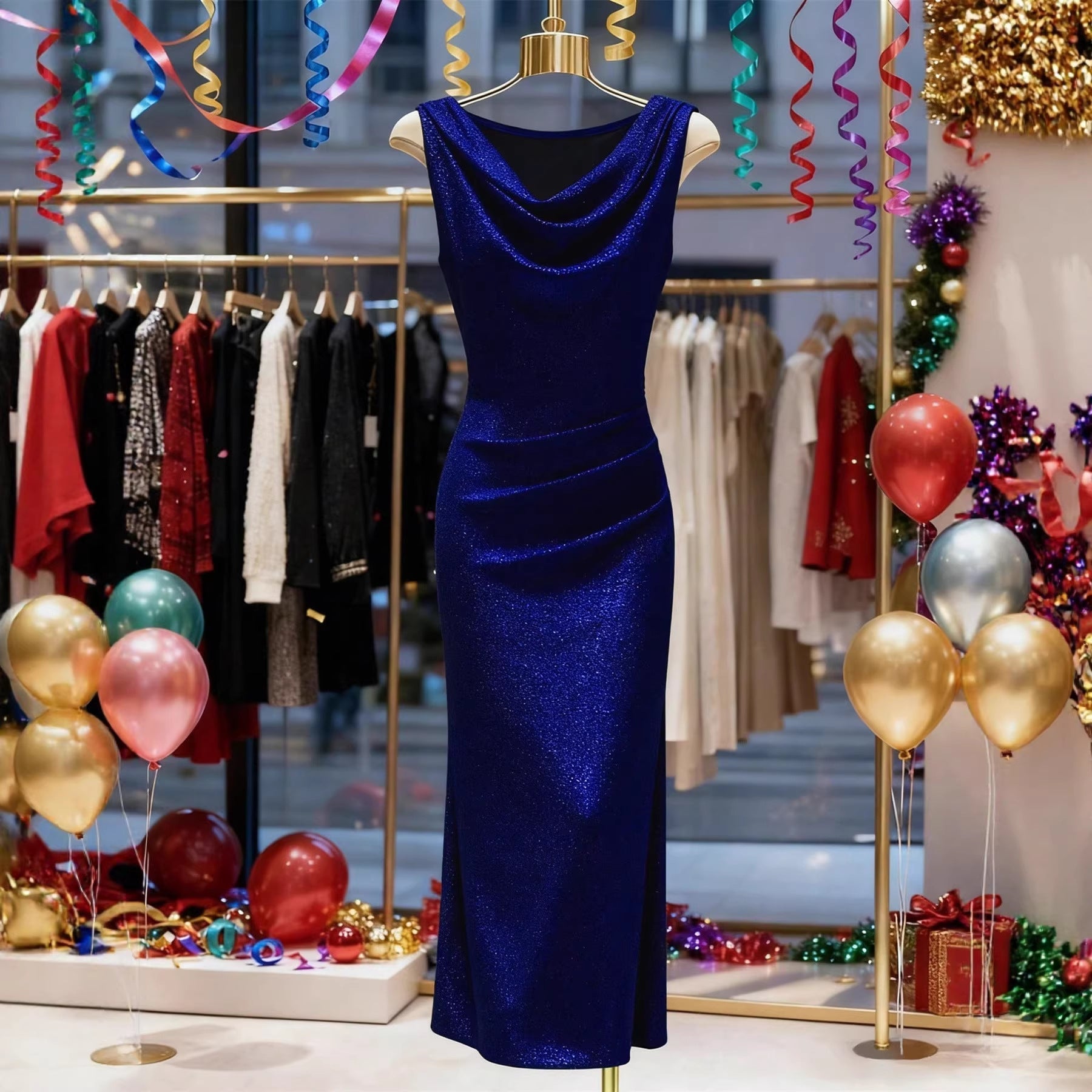 Shiny Silk Ruffled - neck Dress Thats Form - fitting And Hugs The Hips - LADYLINE X
