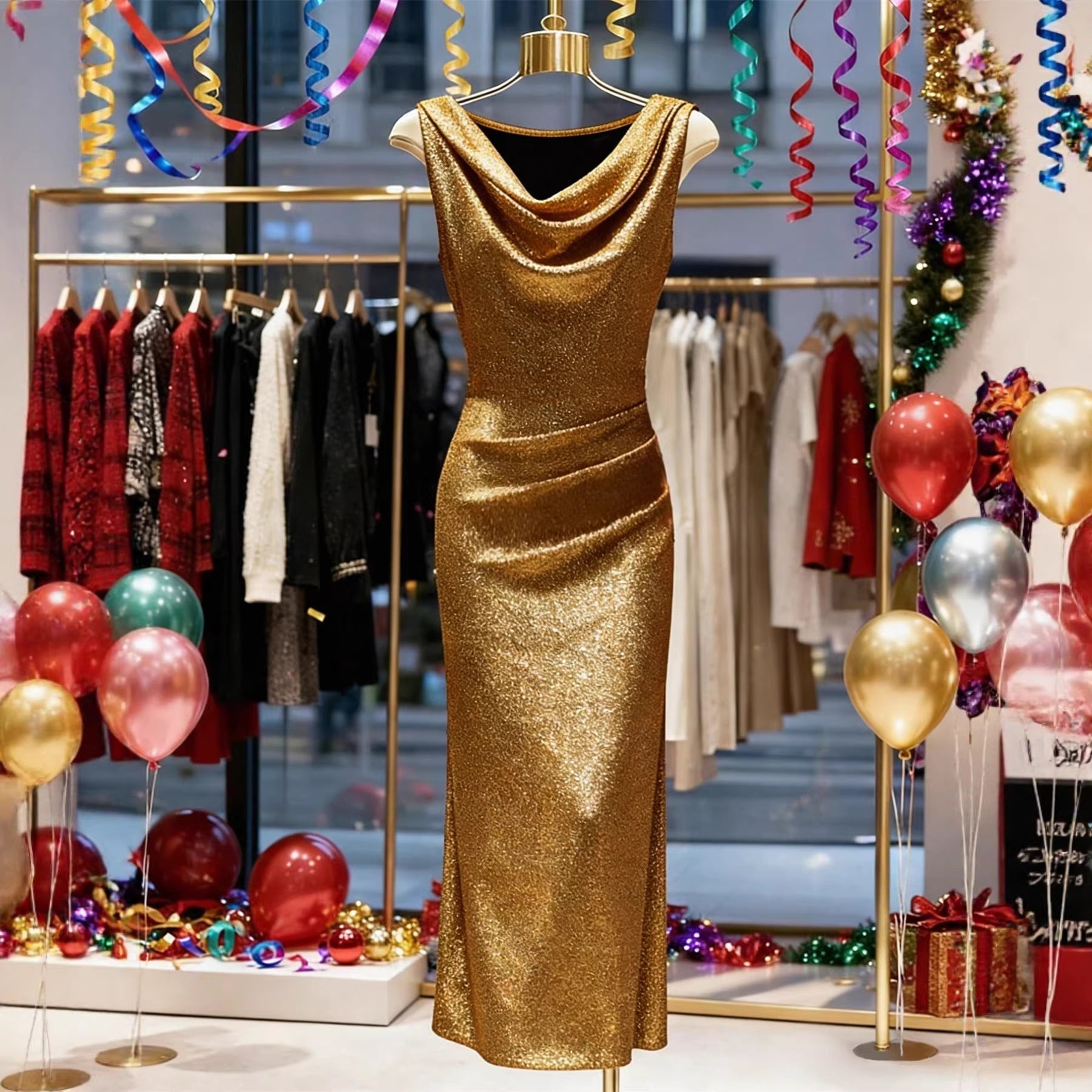 Shiny Silk Ruffled - neck Dress Thats Form - fitting And Hugs The Hips - LADYLINE X