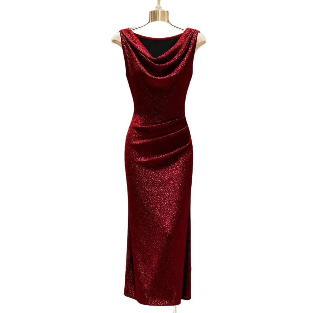 Shiny Silk Ruffled - neck Dress Thats Form - fitting And Hugs The Hips - LADYLINE X