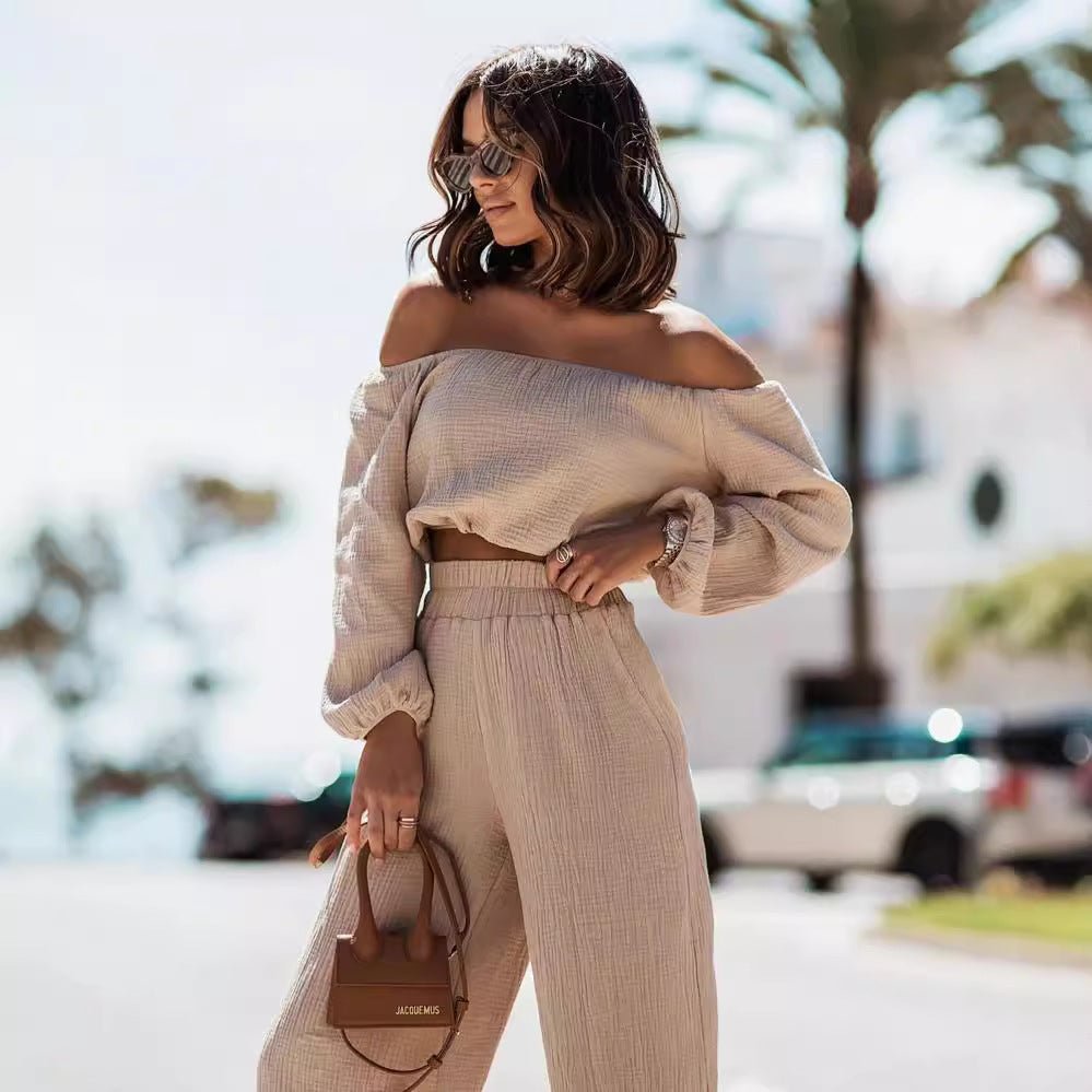 Short - sleeve Off - shoulder Top And Straight - leg Trousers Set - LADYLINE X