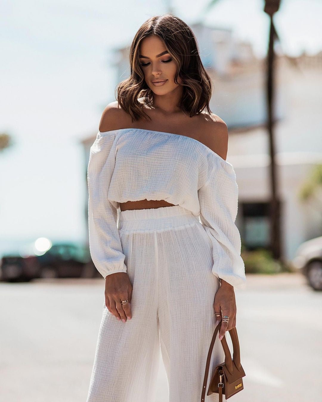 Short - sleeve Off - shoulder Top And Straight - leg Trousers Set - LADYLINE X