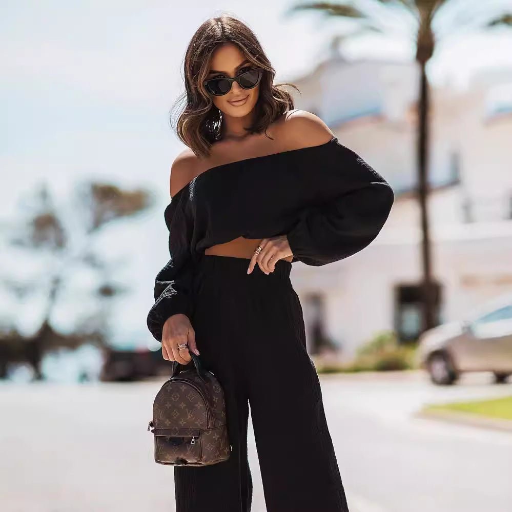 Short - sleeve Off - shoulder Top And Straight - leg Trousers Set - LADYLINE X