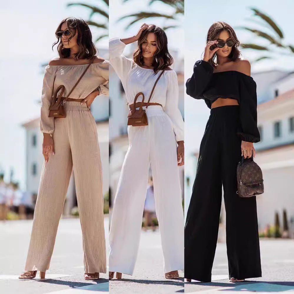 Short - sleeve Off - shoulder Top And Straight - leg Trousers Set - LADYLINE X