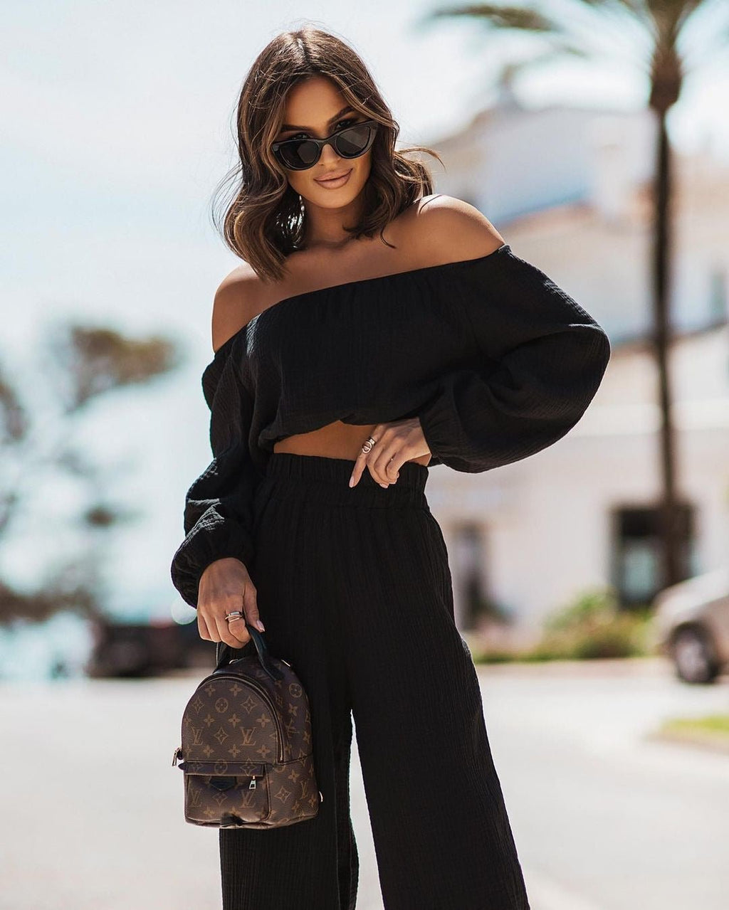 Short - sleeve Off - shoulder Top And Straight - leg Trousers Set - LADYLINE X