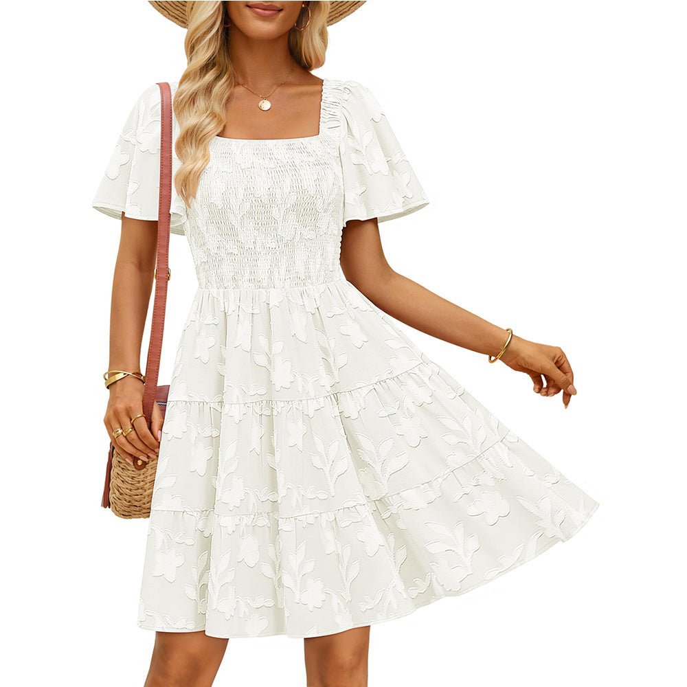 Short - sleeve Square - neck Flowy Floral Dress - LADYLINE X