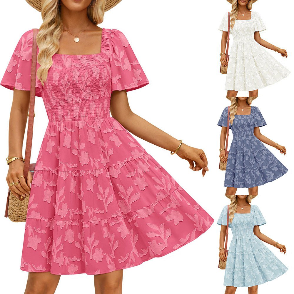 Short - sleeve Square - neck Flowy Floral Dress - LADYLINE X