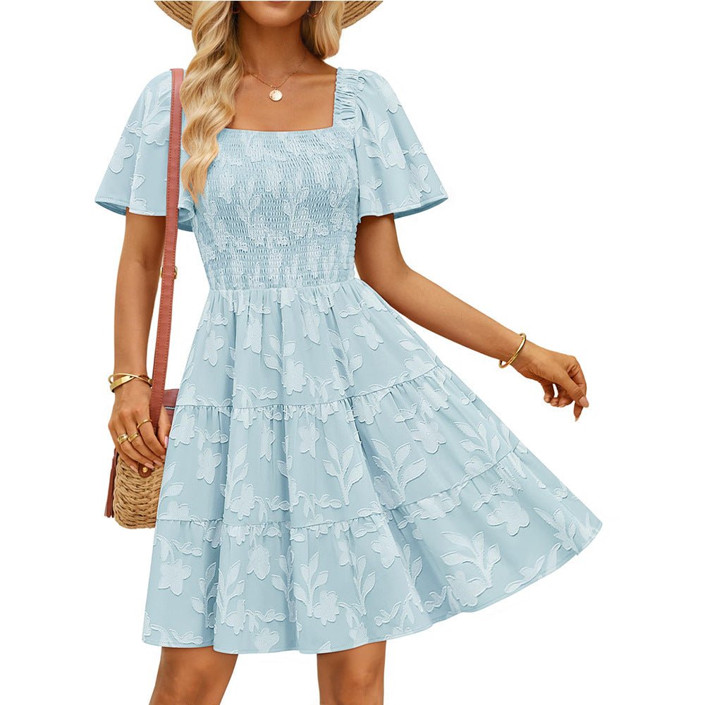 Short - sleeve Square - neck Flowy Floral Dress - LADYLINE X