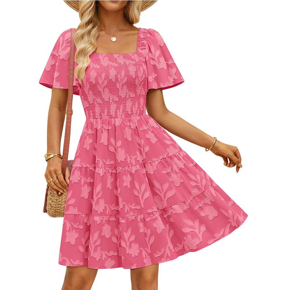 Short - sleeve Square - neck Flowy Floral Dress - LADYLINE X