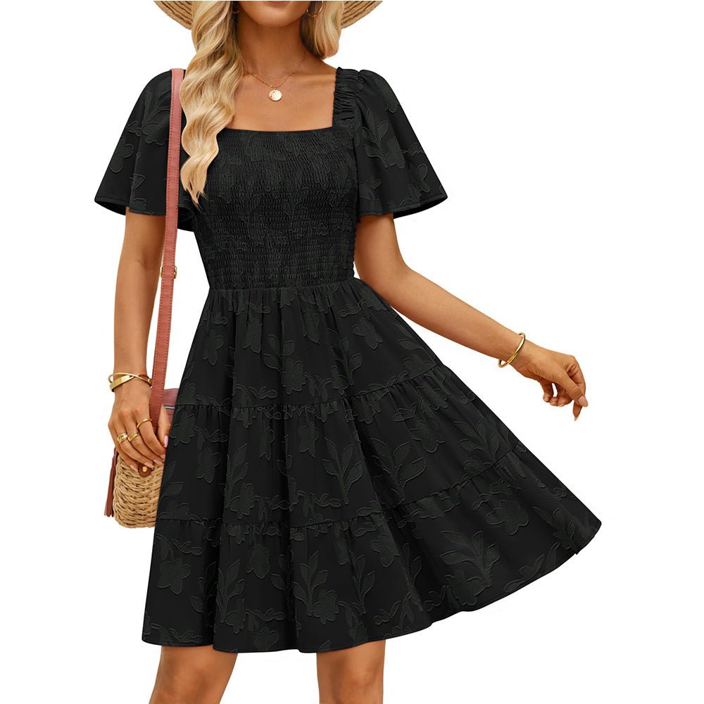 Short - sleeve Square - neck Flowy Floral Dress - LADYLINE X