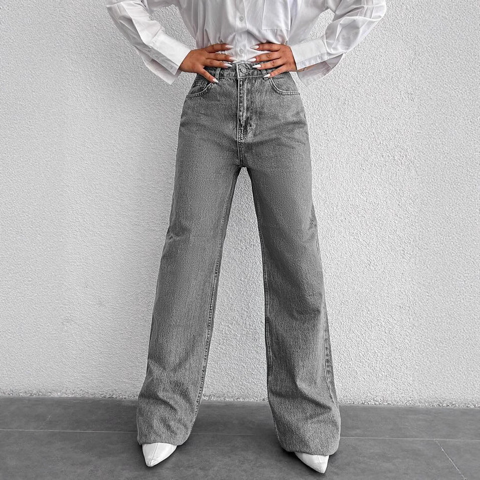 Silver - gray Straight - leg Womens Springfall Denim Jeans With A Draped Versatile Fit High Waist And Slimming Effect - LADYLINE X