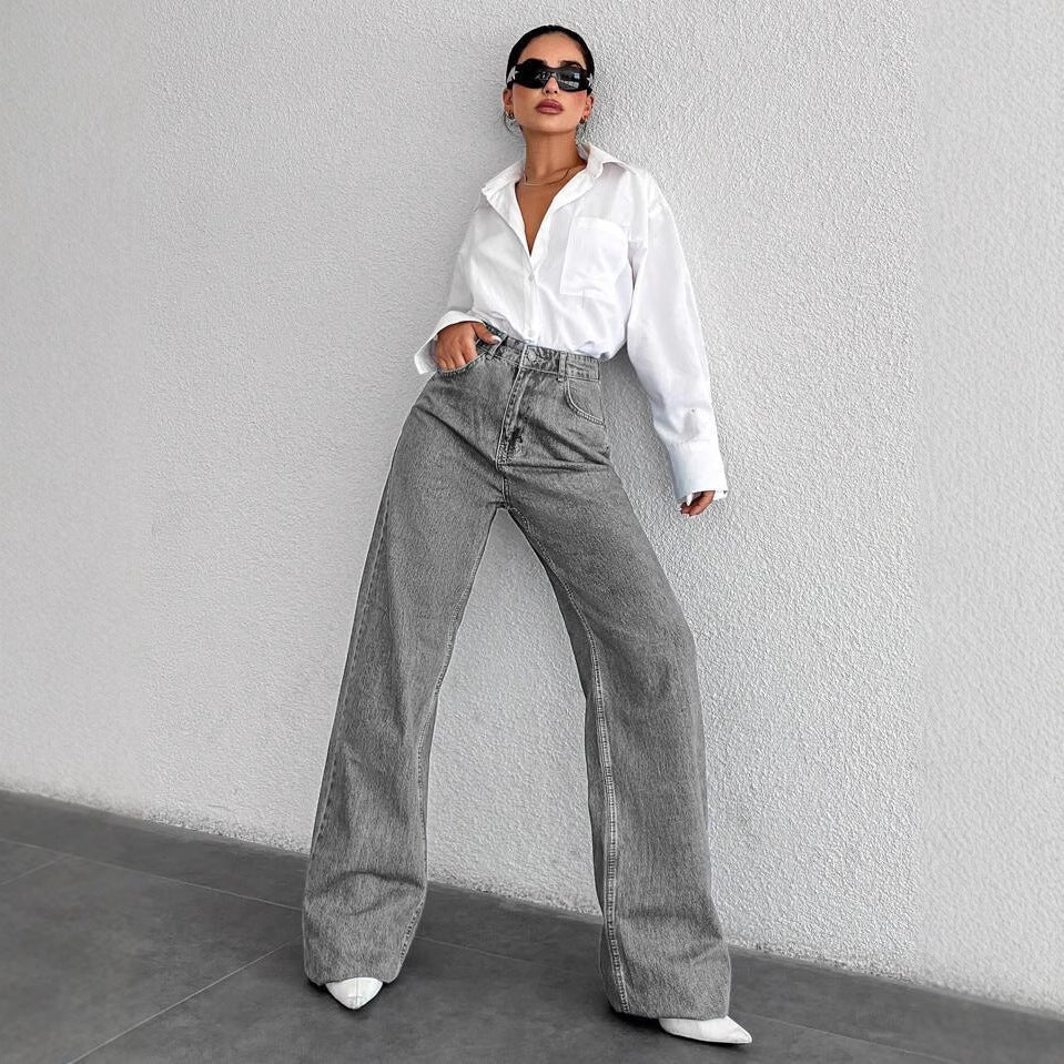 Silver - gray Straight - leg Womens Springfall Denim Jeans With A Draped Versatile Fit High Waist And Slimming Effect - LADYLINE X