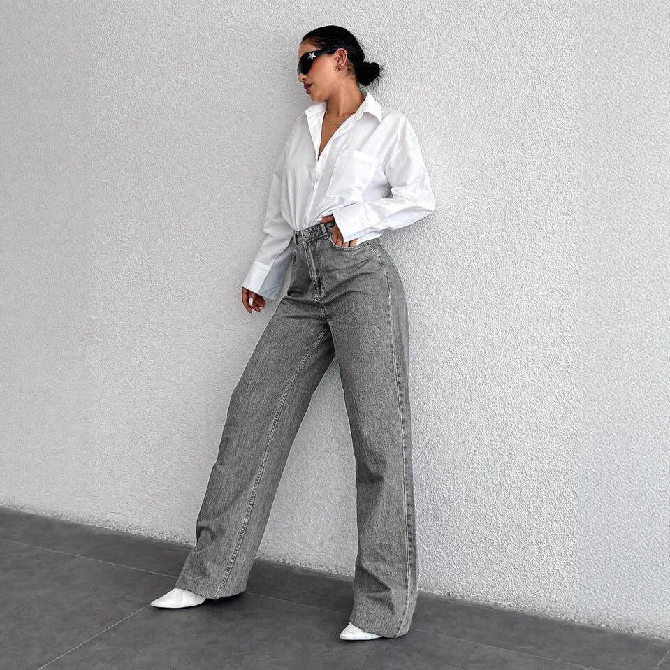 Silver - gray Straight - leg Womens Springfall Denim Jeans With A Draped Versatile Fit High Waist And Slimming Effect - LADYLINE X