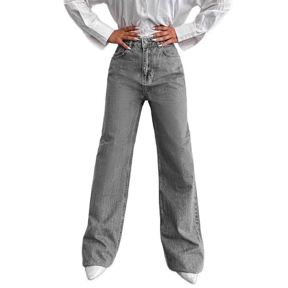 Silver - gray Straight - leg Womens Springfall Denim Jeans With A Draped Versatile Fit High Waist And Slimming Effect - LADYLINE X