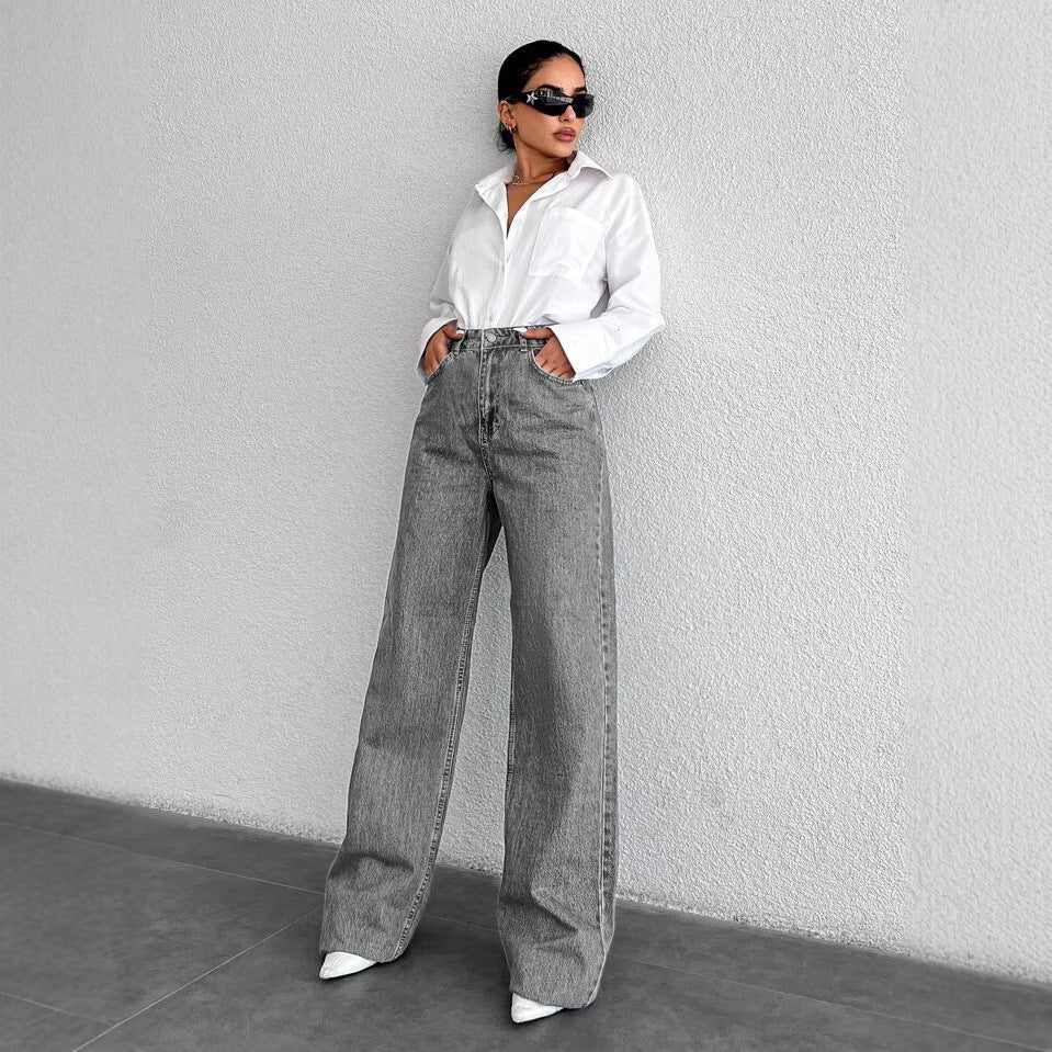Silver - gray Straight - leg Womens Springfall Denim Jeans With A Draped Versatile Fit High Waist And Slimming Effect - LADYLINE X