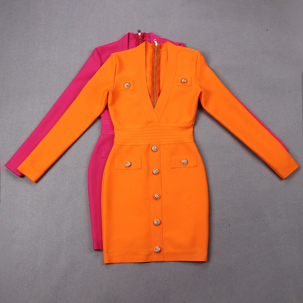 Single - breasted Long - sleeved Slim Ladies Temperament Dress - LADYLINE X