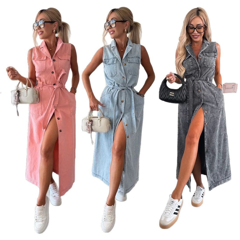 Sleeveless Long Tie Waist Single - breasted Denim Dress - LADYLINE X