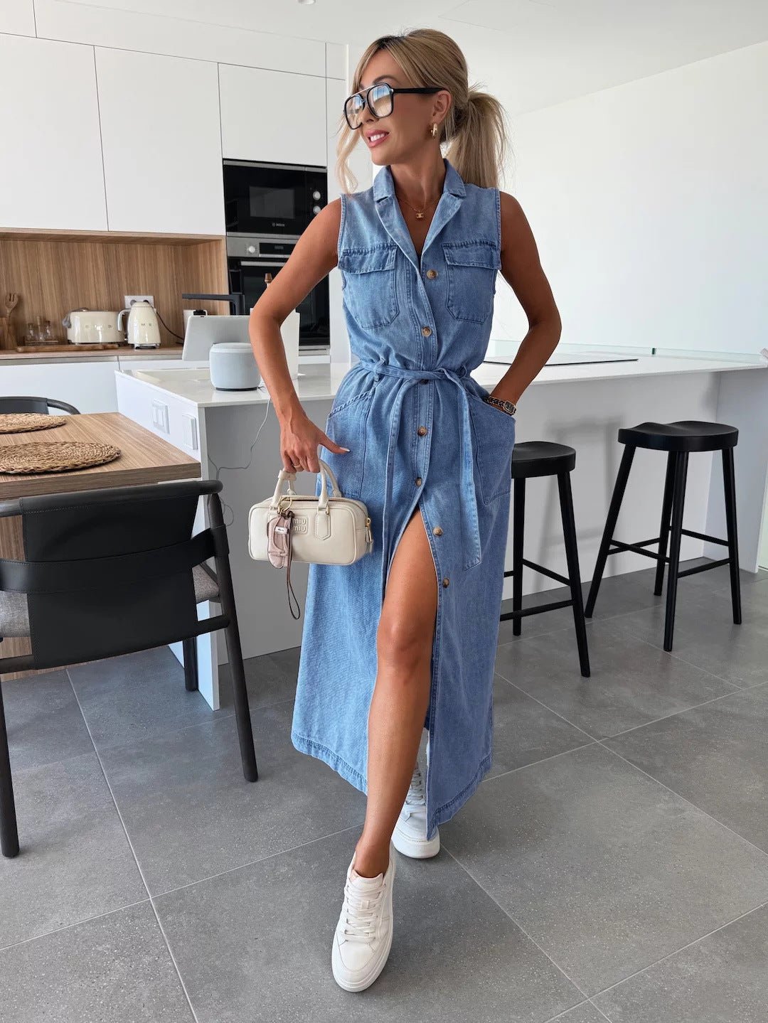 Sleeveless Long Tie Waist Single - breasted Denim Dress - LADYLINE X